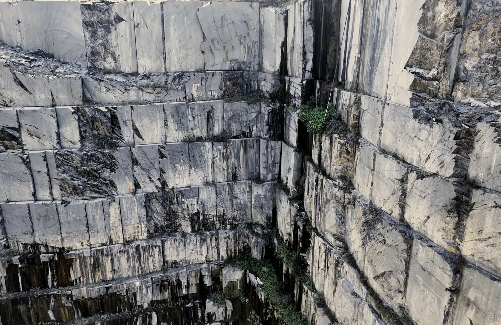 Worked granite bench faces seen from above